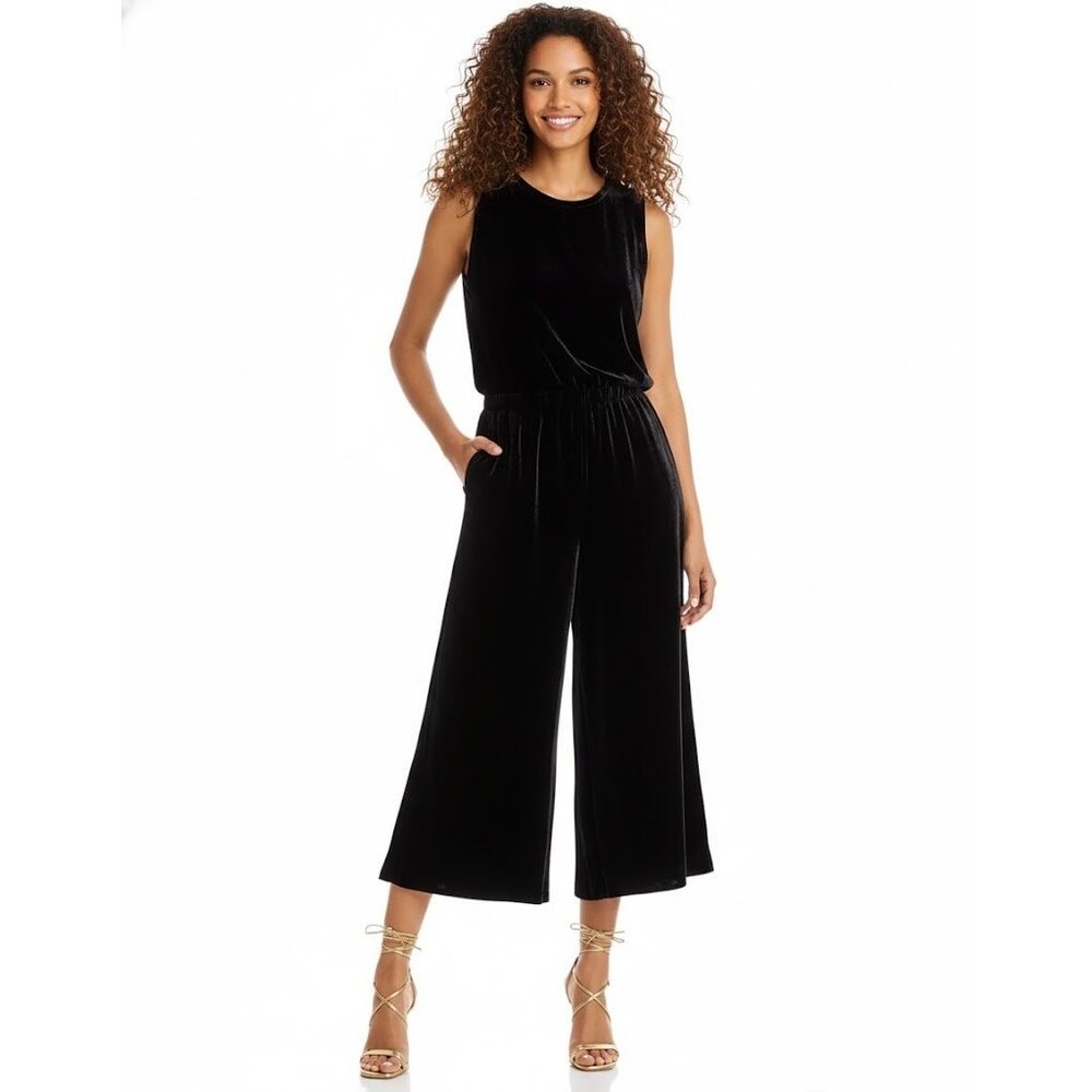 NWT Eileen Fisher Round Neck Wide Jumpsuit in Black Velvet Sleeveless Jumper L